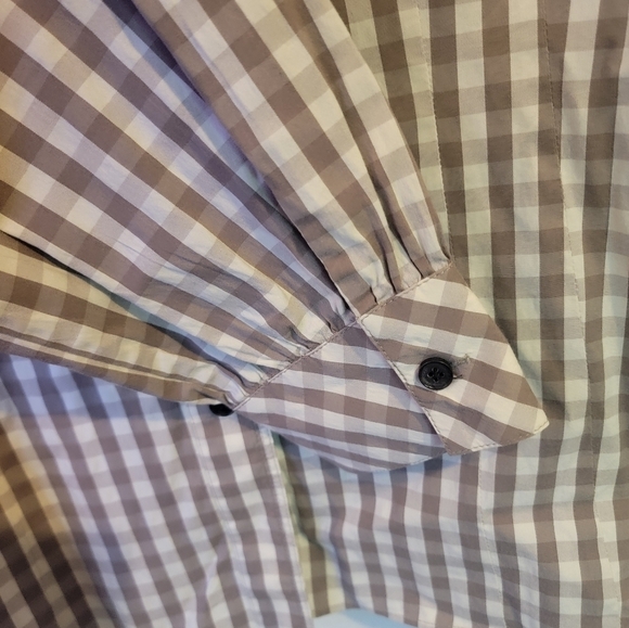 Lafayette 148 Taupe and Cream Plaid Gingham Button Down Blouse size 10 - Picture 3 of 9